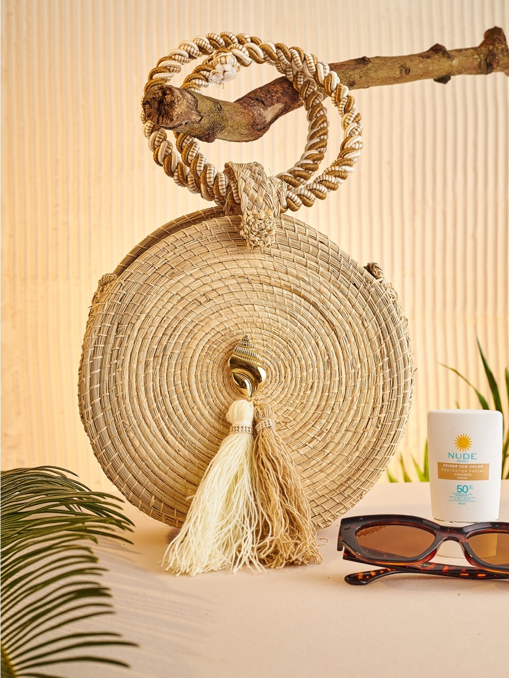 Round Woven Straw Tassel Crossbody Bag - Natural
